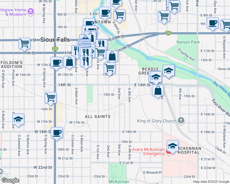 map of restaurants, bars, coffee shops, grocery stores, and more near 316 East 15th Street in Sioux Falls