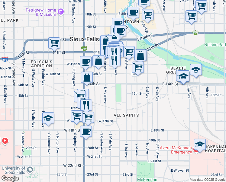 map of restaurants, bars, coffee shops, grocery stores, and more near 622 South Main Avenue in Sioux Falls