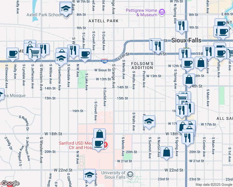 map of restaurants, bars, coffee shops, grocery stores, and more near 1026 West 15th Street in Sioux Falls