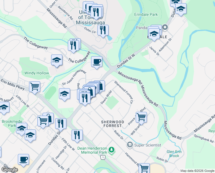 map of restaurants, bars, coffee shops, grocery stores, and more near 1653 Sherwood Forrest Circle in Mississauga