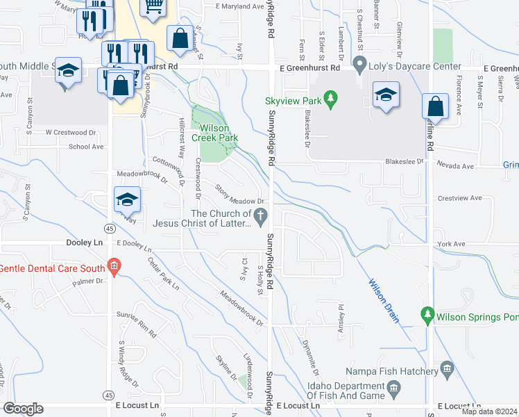 map of restaurants, bars, coffee shops, grocery stores, and more near 2919 SunnyRidge Road in Nampa