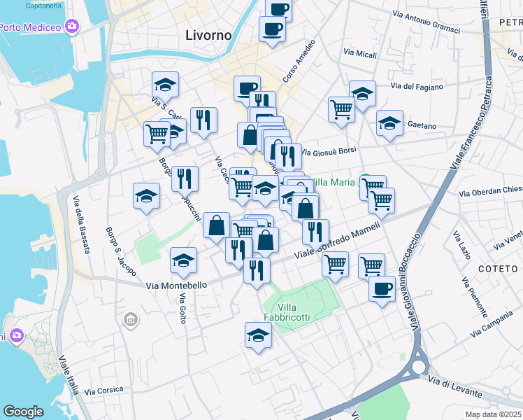 map of restaurants, bars, coffee shops, grocery stores, and more near 17 Via Baciocchi in Livorno