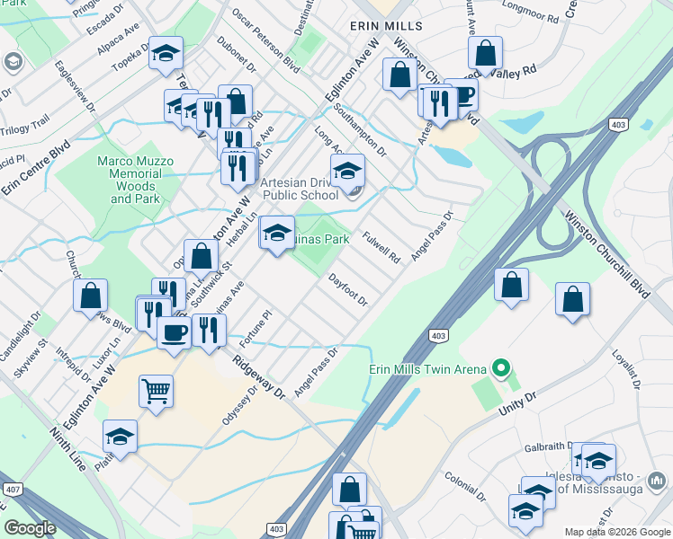 map of restaurants, bars, coffee shops, grocery stores, and more near 3374 Artesian Drive in Mississauga