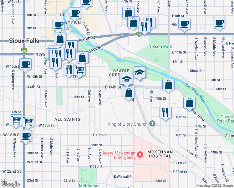 map of restaurants, bars, coffee shops, grocery stores, and more near 627 South 6th Avenue in Sioux Falls