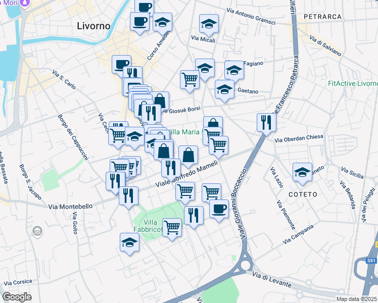 map of restaurants, bars, coffee shops, grocery stores, and more near 40 Via Diomede Bonamici in Livorno