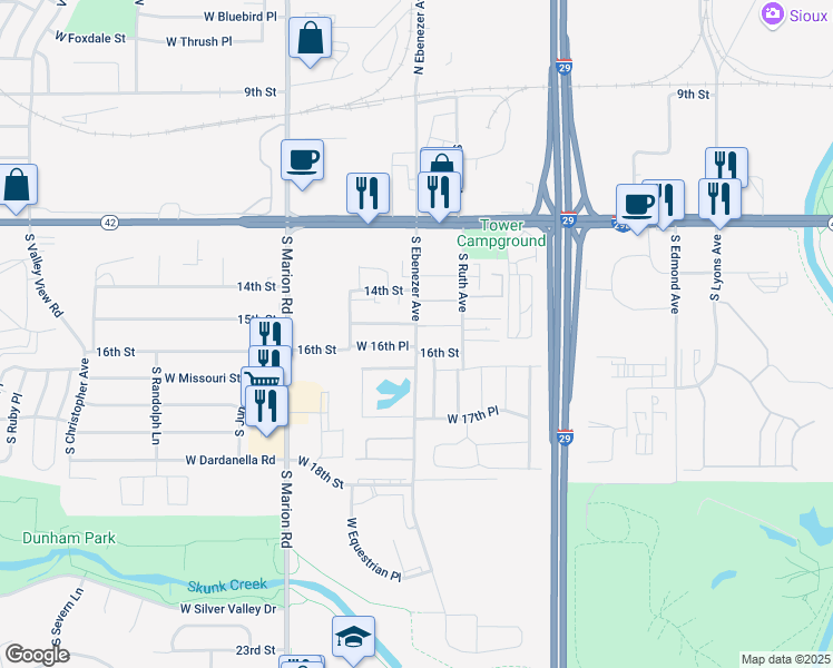 map of restaurants, bars, coffee shops, grocery stores, and more near 691 South Ebenezer Avenue in Sioux Falls