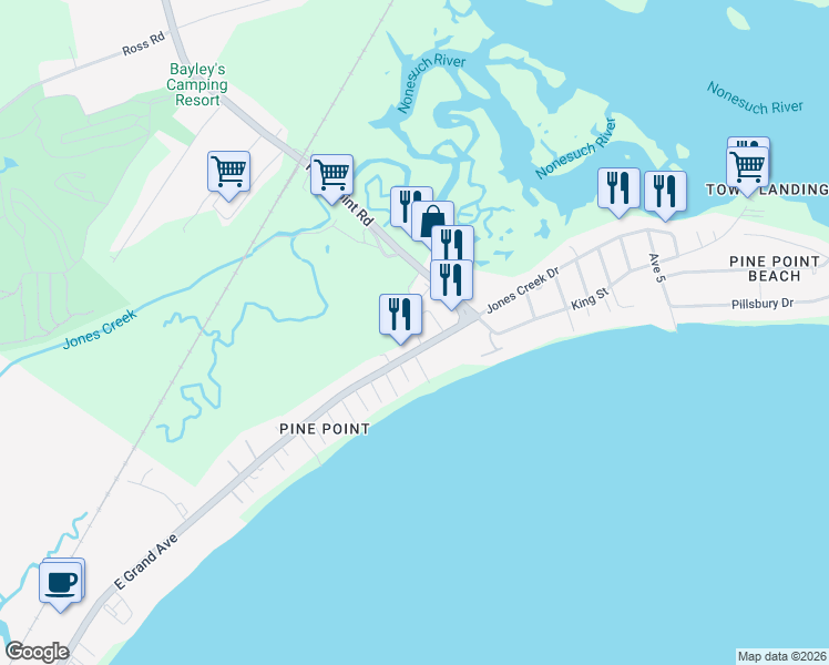 map of restaurants, bars, coffee shops, grocery stores, and more near 23 East Grand Avenue in Scarborough