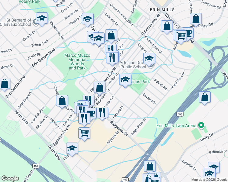 map of restaurants, bars, coffee shops, grocery stores, and more near in Mississauga