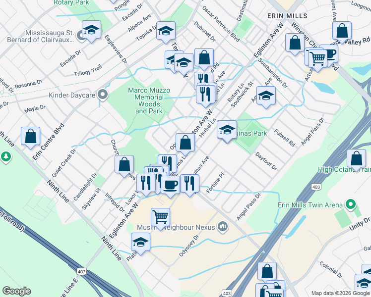 map of restaurants, bars, coffee shops, grocery stores, and more near 3532 Eglinton Avenue West in Mississauga