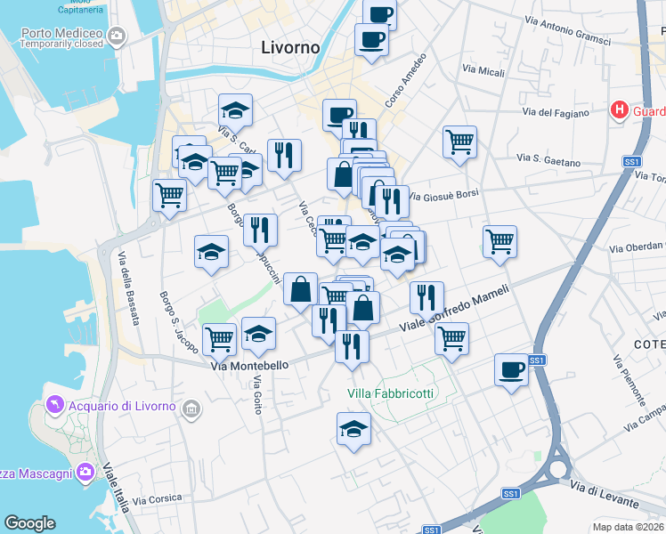 map of restaurants, bars, coffee shops, grocery stores, and more near 82 Via Roma in Livorno