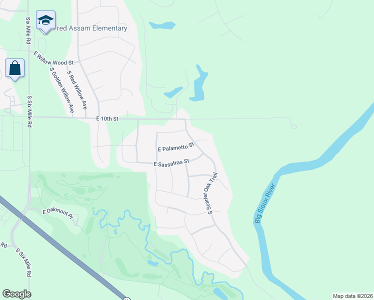 map of restaurants, bars, coffee shops, grocery stores, and more near 8808 East Sassafras Street in Sioux Falls