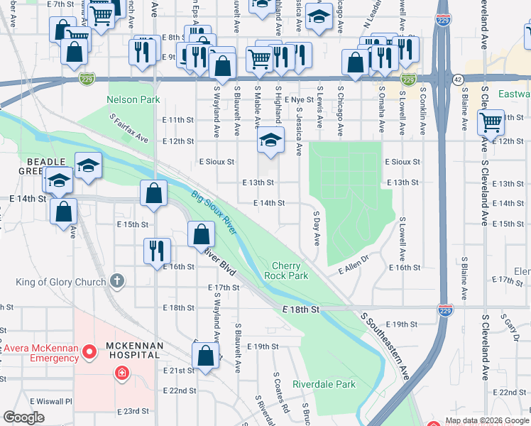 map of restaurants, bars, coffee shops, grocery stores, and more near 898 S Mable Ave in Sioux Falls
