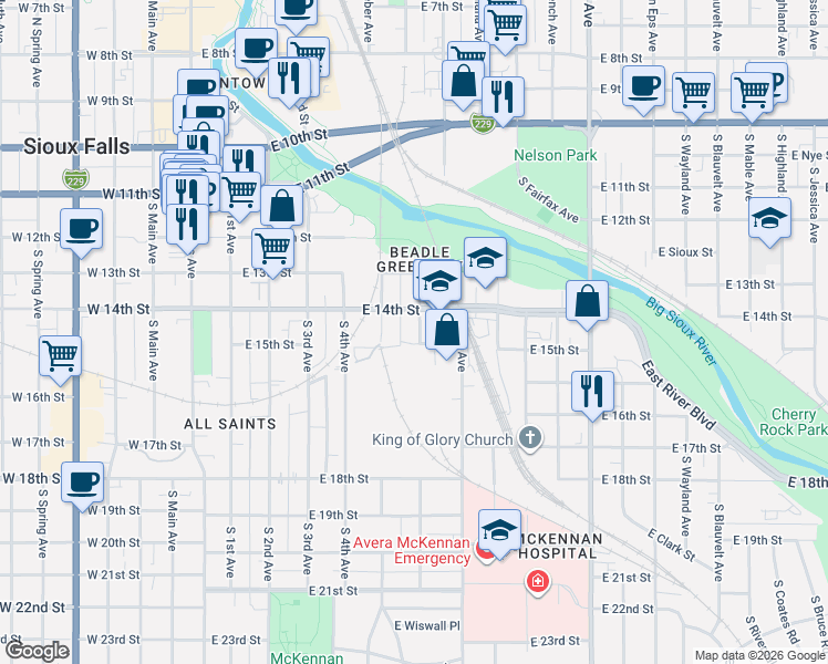 map of restaurants, bars, coffee shops, grocery stores, and more near 631 South 6th Avenue in Sioux Falls