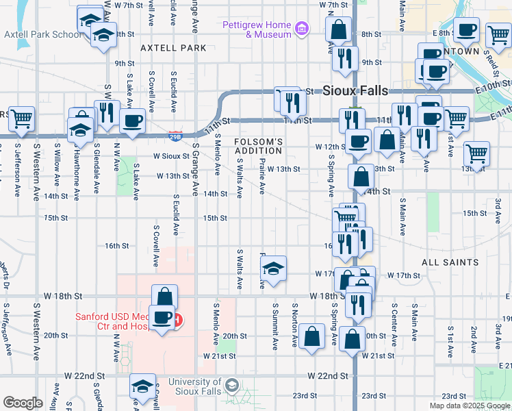 map of restaurants, bars, coffee shops, grocery stores, and more near 812 West 15th Street in Sioux Falls