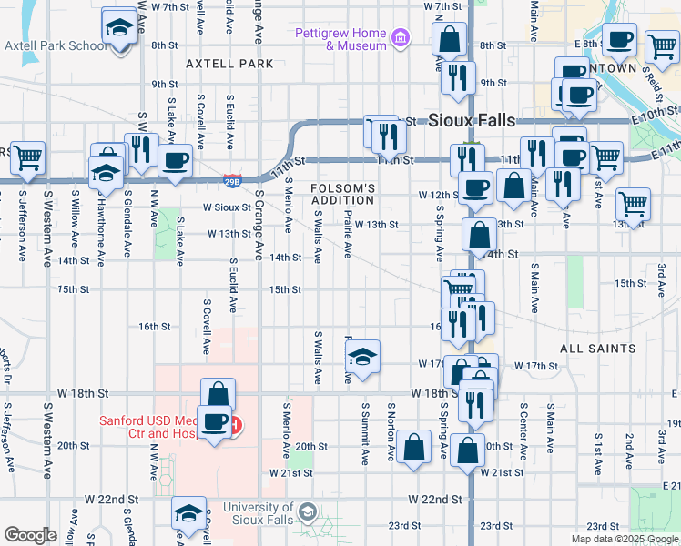 map of restaurants, bars, coffee shops, grocery stores, and more near 812 West 15th Street in Sioux Falls