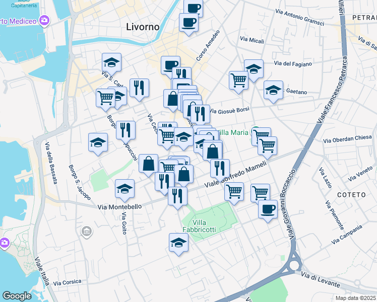 map of restaurants, bars, coffee shops, grocery stores, and more near 17 Via Baciocchi in Livorno