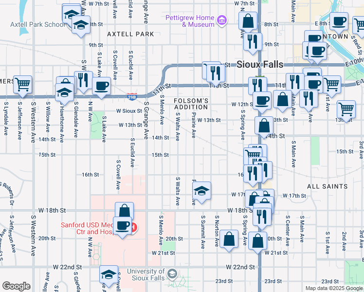 map of restaurants, bars, coffee shops, grocery stores, and more near 608 South Walts Avenue in Sioux Falls