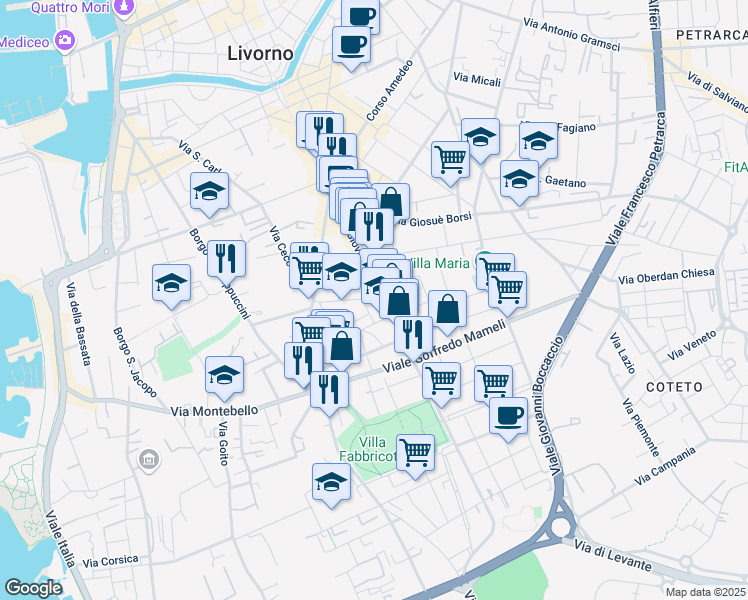 map of restaurants, bars, coffee shops, grocery stores, and more near 124 Via Giovanni Marradi in Livorno