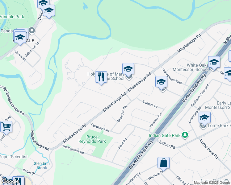 map of restaurants, bars, coffee shops, grocery stores, and more near 2215 Doulton Drive in Mississauga