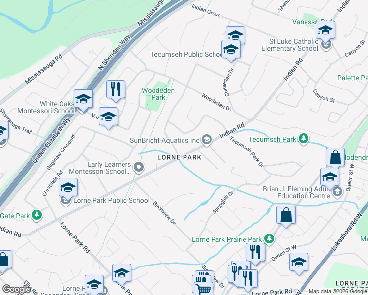 map of restaurants, bars, coffee shops, grocery stores, and more near 1049 Indian Road in Mississauga