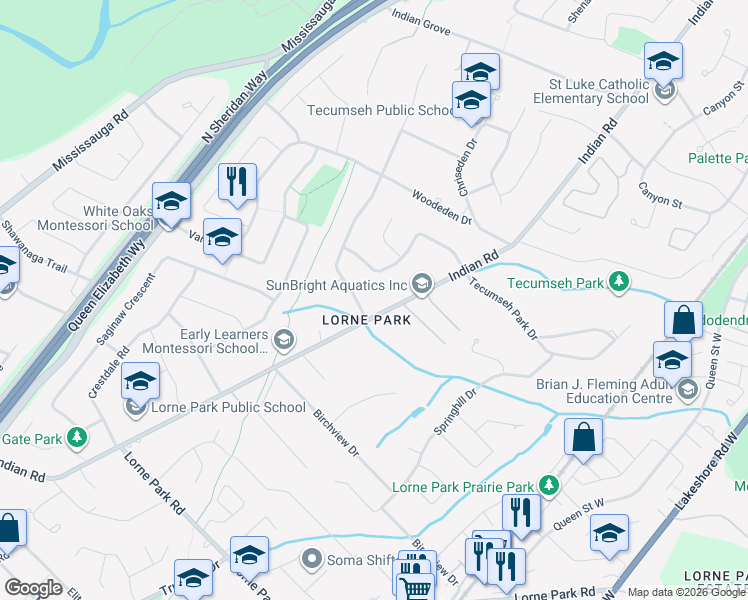 map of restaurants, bars, coffee shops, grocery stores, and more near 1048 Indian Road in Mississauga