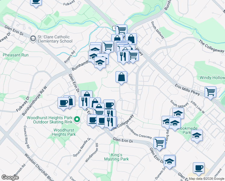 map of restaurants, bars, coffee shops, grocery stores, and more near 3483 Widdicombe Way in Mississauga