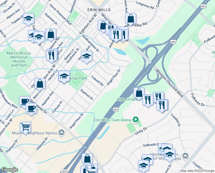 map of restaurants, bars, coffee shops, grocery stores, and more near 3222 Angel Pass Drive in Mississauga