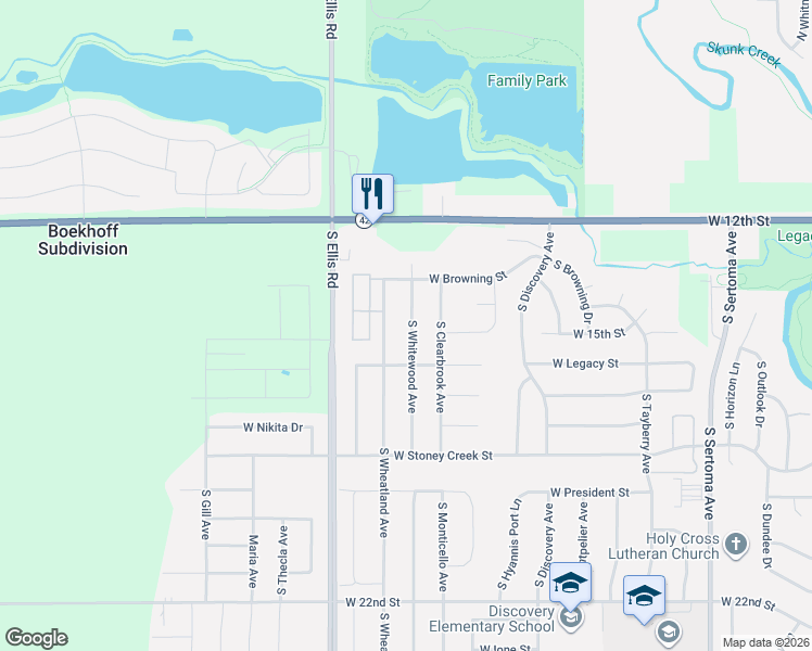 map of restaurants, bars, coffee shops, grocery stores, and more near 601 South Whitewood Avenue in Sioux Falls
