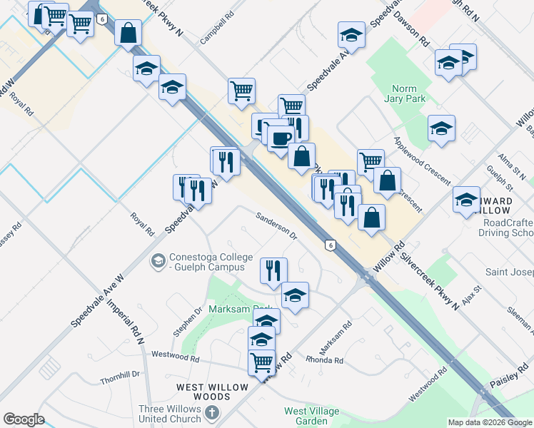 map of restaurants, bars, coffee shops, grocery stores, and more near 69 Sanderson Drive in Guelph