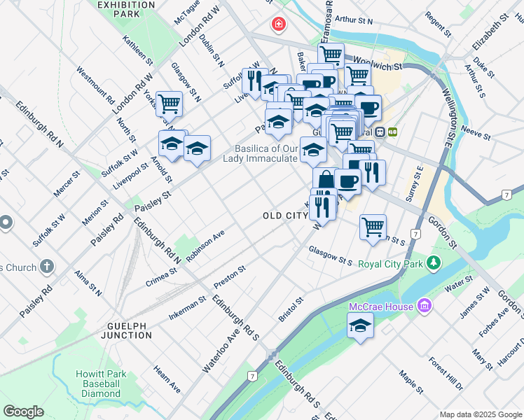 map of restaurants, bars, coffee shops, grocery stores, and more near 124 Northumberland Street in Guelph