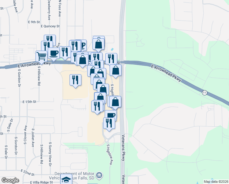 map of restaurants, bars, coffee shops, grocery stores, and more near 1100 South Highline Place in Sioux Falls