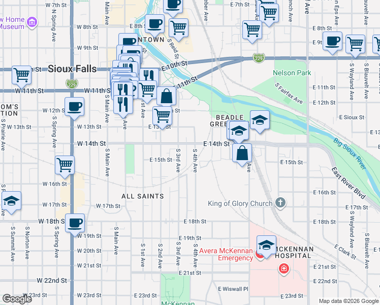 map of restaurants, bars, coffee shops, grocery stores, and more near 625 South 4th Avenue in Sioux Falls