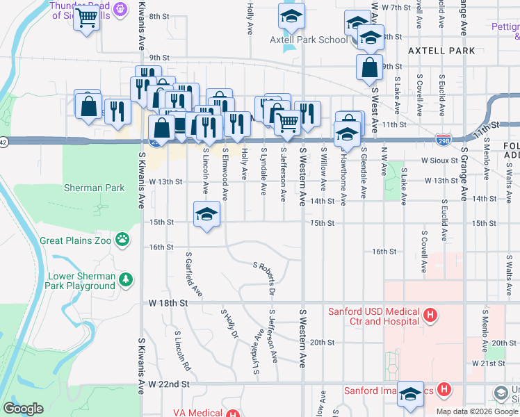 map of restaurants, bars, coffee shops, grocery stores, and more near 2100-2198 West 15th Street in Sioux Falls