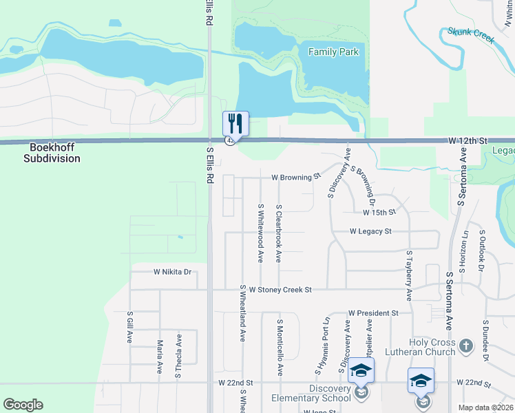 map of restaurants, bars, coffee shops, grocery stores, and more near 601 South Whitewood Avenue in Sioux Falls
