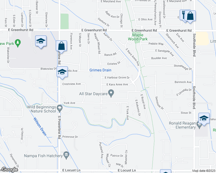 map of restaurants, bars, coffee shops, grocery stores, and more near 2017 East Kara Anne Avenue in Nampa