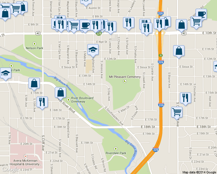 map of restaurants, bars, coffee shops, grocery stores, and more near 813 S Day Ave in Sioux Falls