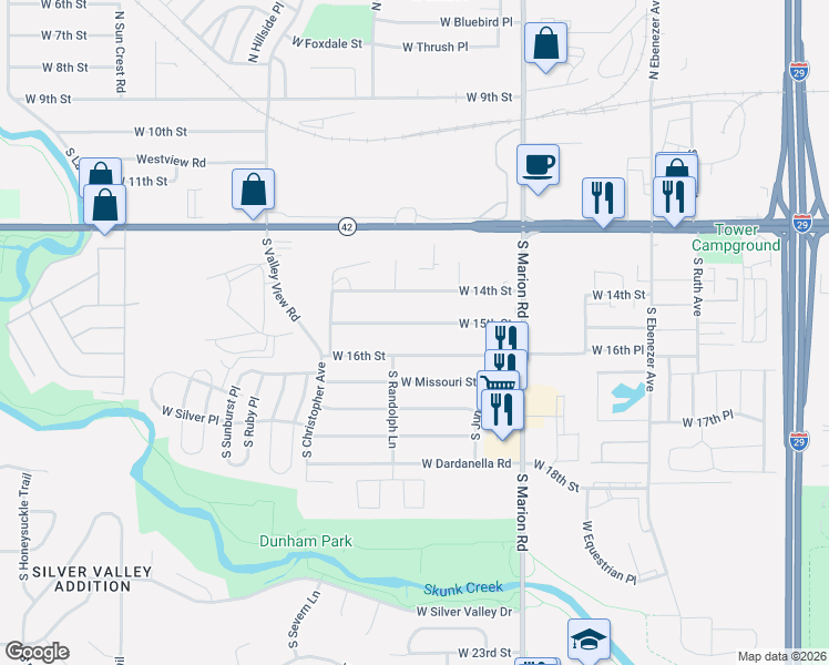 map of restaurants, bars, coffee shops, grocery stores, and more near 5612 West 16th Street in Sioux Falls