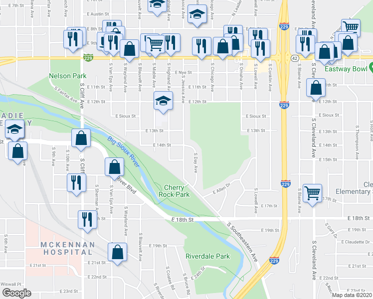 map of restaurants, bars, coffee shops, grocery stores, and more near 800 South Jessica Avenue in Sioux Falls