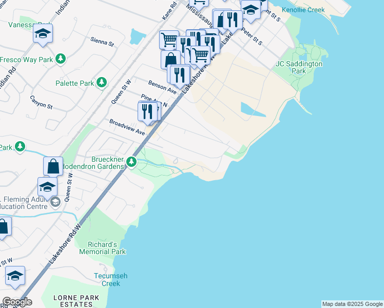 map of restaurants, bars, coffee shops, grocery stores, and more near 36 Ben Machree Drive in Mississauga