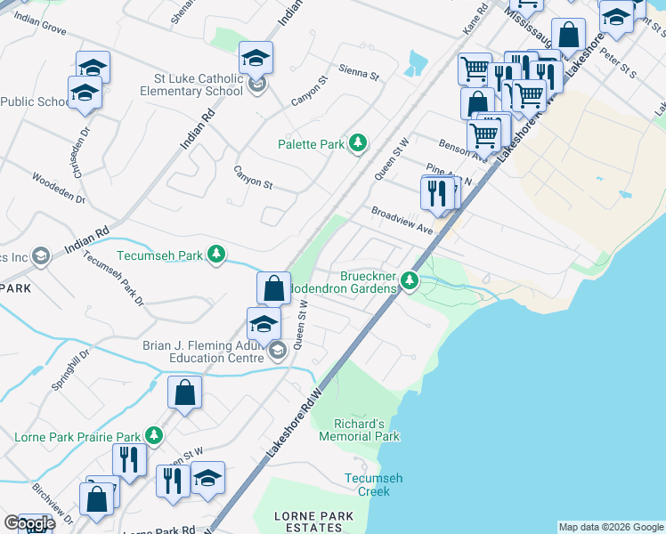 map of restaurants, bars, coffee shops, grocery stores, and more near 1055 Shawnmarr Road in Mississauga