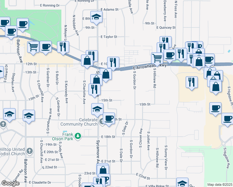map of restaurants, bars, coffee shops, grocery stores, and more near 4612 East 15th Street in Sioux Falls
