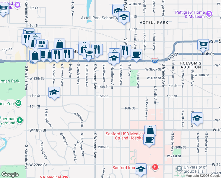 map of restaurants, bars, coffee shops, grocery stores, and more near 1620 West 15th Street in Sioux Falls