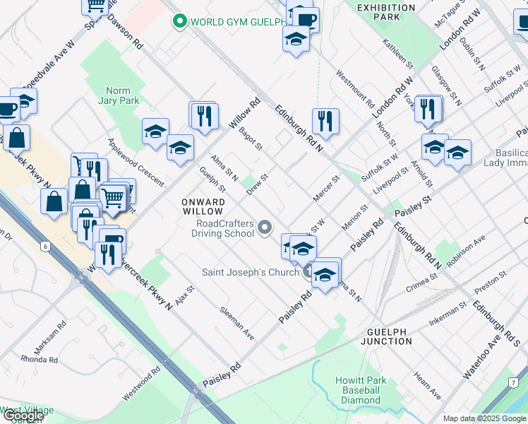 map of restaurants, bars, coffee shops, grocery stores, and more near 204 Alma Street North in Guelph