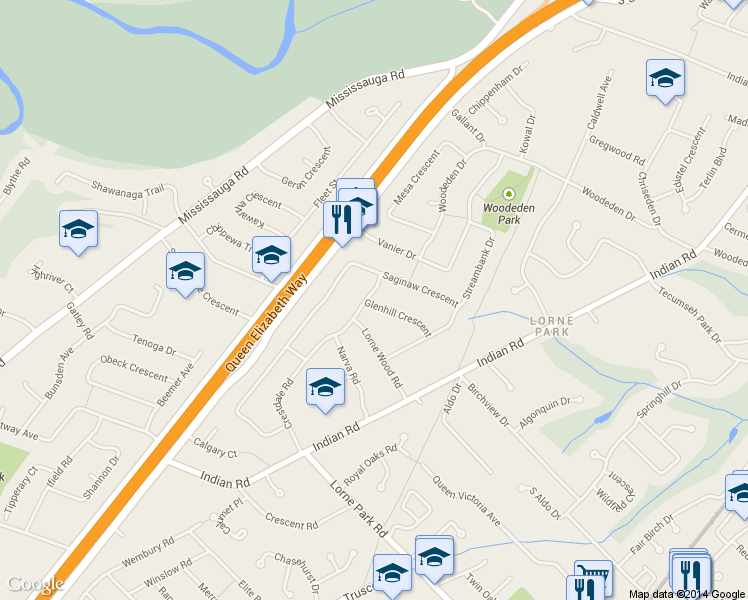 map of restaurants, bars, coffee shops, grocery stores, and more near 1589 Glenhill Crescent in Mississauga