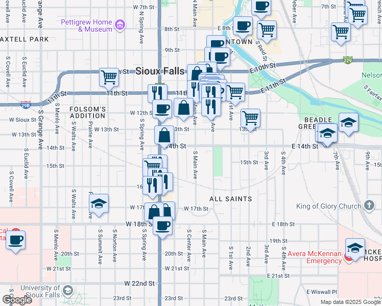 map of restaurants, bars, coffee shops, grocery stores, and more near 613 South Main Avenue in Sioux Falls