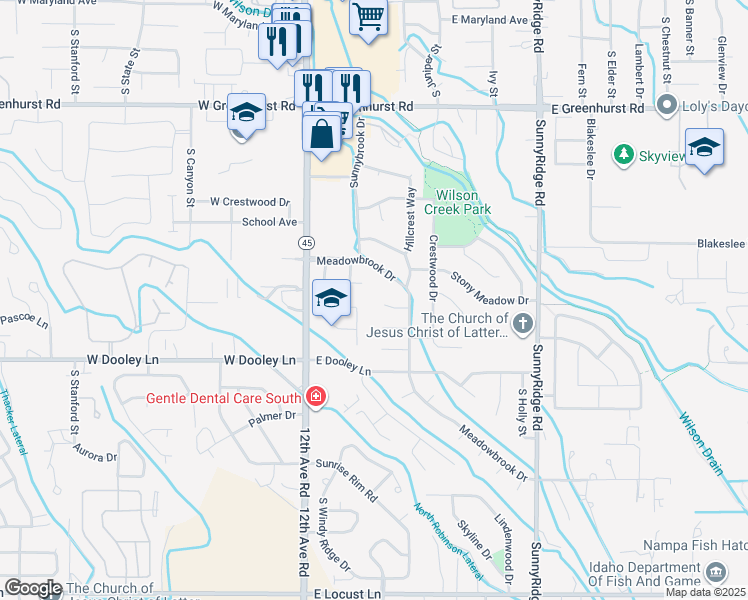 map of restaurants, bars, coffee shops, grocery stores, and more near 406 Madrone Circle in Nampa