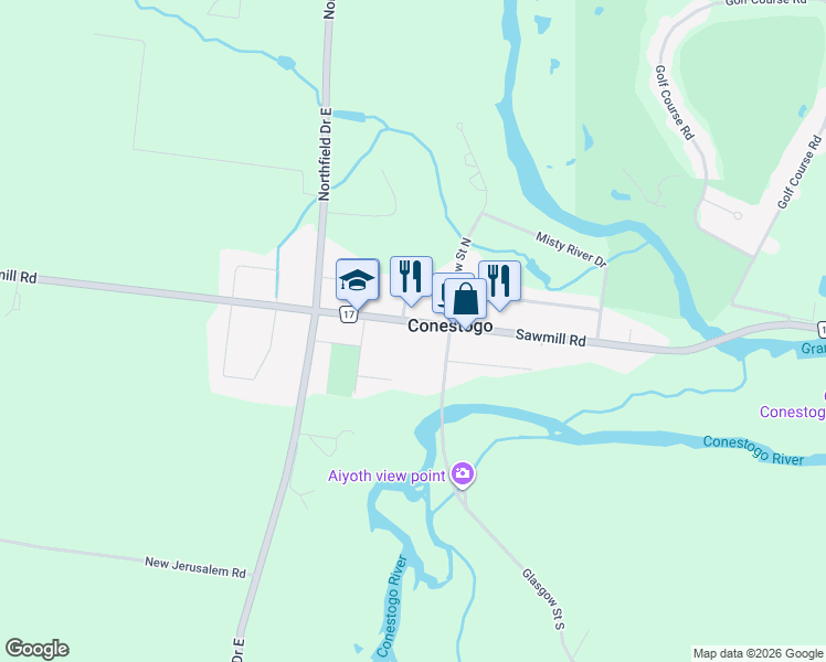 map of restaurants, bars, coffee shops, grocery stores, and more near 1919 Sawmill Road in Conestogo