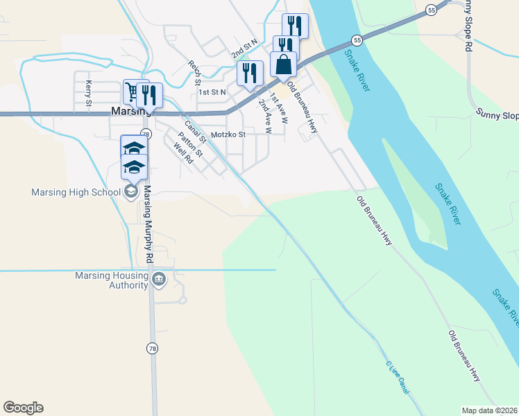 map of restaurants, bars, coffee shops, grocery stores, and more near 433 Canal Street in Marsing