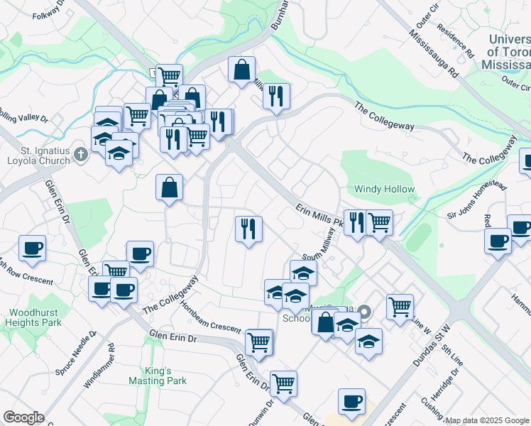 map of restaurants, bars, coffee shops, grocery stores, and more near in Mississauga