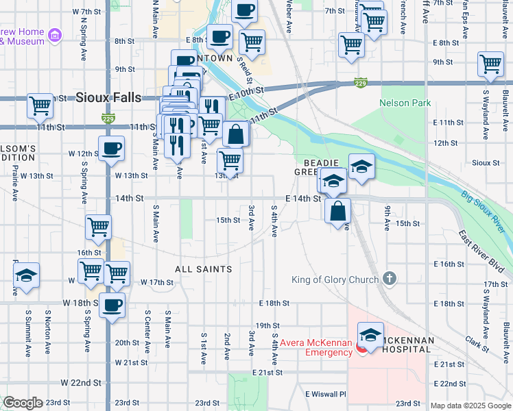 map of restaurants, bars, coffee shops, grocery stores, and more near 625 South 4th Avenue in Sioux Falls